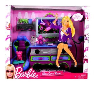 Mattel Barbie Year 2009 Fashionistas Series 12 Inch Doll Furniture Accessories Set   GLAM GAME ROOM with Flat Screen TV, Entertainment Center, 2 Discs, Monkey Shaped Remote Holder, Floor Lamp, 2 Game Remotes, Purple Color Portable Game Piece, Keyboard, Gam