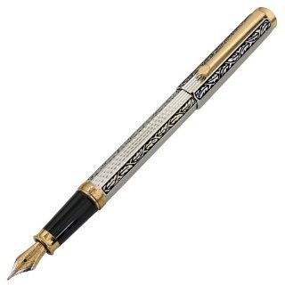 Xezo Legionnaire 18 Karat Gold, Platinum Plated and Diamond Cut Fountain Pen in Art Nouveau Style with Serial Number. A Unique Gift for a Man or Woman