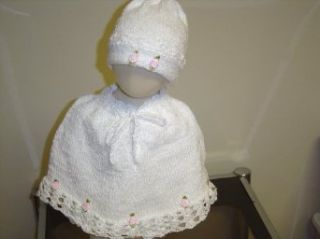 Knitted White Chenille Girls Poncho Trimmed with Rosebuds. Clothing