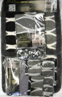 Black and Grey 18 piece Bathroom Set 2 rugs/mats, 1 fabric Shower Curtain, 12 fabric Covered Rings, 3 pc. Decorative Towel Set   Bathroom Accessory Sets