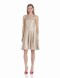 Gabby Skye Women's Sleeveless Illusion Neck Fit and Flare Dress, Gold, 6 Clothing