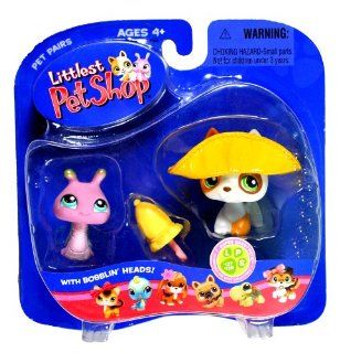 Hasbro Year 2006 Littlest Pet Shop Pet Pairs "Super Sassy Pets" Series Bobble Head Pet Figure Set   Purple Snail with Green Shell (#128) and White Jack Russel Terrier Puppy Dog (#127) with Brown Spot Plus Yellow Hat and Umbrella (51833) Toys &am