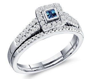 Blue Diamond Engagement Rings Set Band 14k White Gold (0.53 Carat) Jewel Tie Jewelry