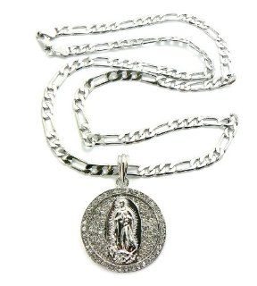 Fashion Silver Rhinestone Virgin Mary Pendant Figaro Chain Necklace MSP155R Jewelry