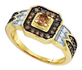 0.68 cttw 10k Yellow Gold Cognac Diamond Round Brilliant Cut White and Chocolate Brown Diamond Square Princess Shape Halo Engagement Ring Color Of Diamonds Light To Medium (Real Diamonds 2/3 cttw, Ring Sizes 4 10) Jewelry