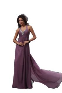 Winey Bridal Purple Sexy V neck Long Open Back Crystals Evening Prom Dresses