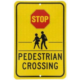 NMC TM171J Traffic Sign, Legend "PEDISTRIAN CROSSING" with Stop Graphic, 12" Length x 18" Height, Engineer Grade Prismatic Reflective Aluminum 0.080, Black/Red On Yellow