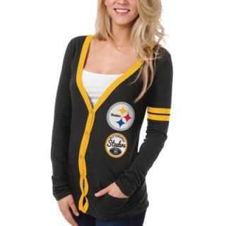 Pittsburgh Steelers Ladies Slub Button Up Long Sleeve Cardigan   Black