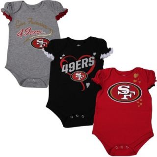 San Francisco 49ers Newborn Girls 3 Piece Ruffle Heart Creeper Set   Ash/Black/Scarlet