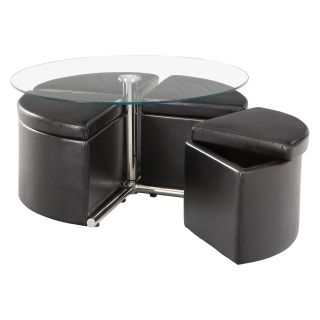 Standard Furniture Cosmo Adjustable Height Round Glass Top Coffee Table with 4 Storage Ottomans   Coffee Tables