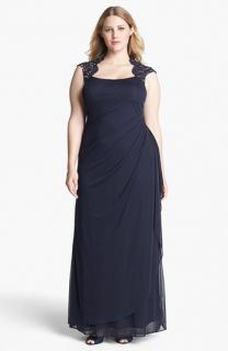 Xscape Embellished Lace Yoke Draped Mesh Gown (Plus Size)