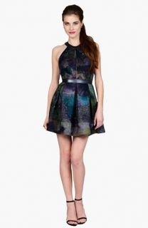 Phoebe by Kay Unger Faux Leather Trim Print Fit & Flare Dress