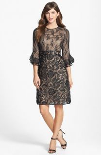 Mikael Aghal Leather Trim Floral Lace Dress