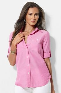 Lauren Ralph Lauren Roll Tab Sleeve Satin Shirt (Plus Size)