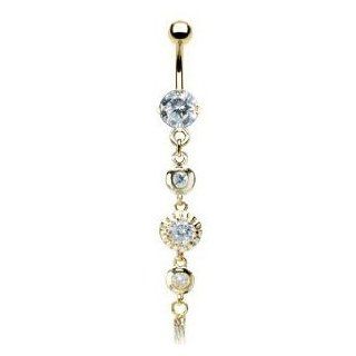 Four Round Clear Cubic Zirconia Vintage Dangle Belly Ring   Gold Plated   14G   3/8" Bar Length   Sold Individually Jewelry