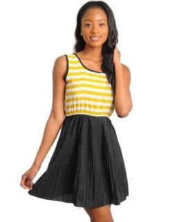 247 Frenzy Contrast Color Striped Pleated Skirt Dress   Black Mustard