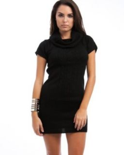 247 Frenzy Cowl Neck Short Sleeve Sweater Dress   Black (Large) Clothing
