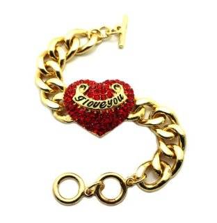 New Iced Out Red Heart I Love You Charm w/15mm 7.5" Gold Link Chain Bracelet BLQ267GRD Jewelry