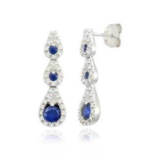 10k White Gold Triple Teardrop Created Blue Sapphire Diamond Earrings (1/5 cttw, I J Color, I2 I3 Clarity) Jewelry