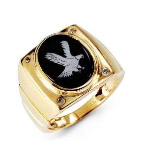 Mens 10k Yellow Gold Round Diamond Oval Onyx Eagle Ring Jewelry