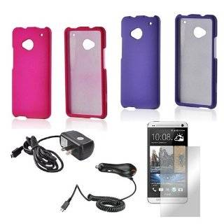 Essential Girly Bundle Package w/ Hot Pink & Purple Rubberized Hard Case, Mirror Screen Protector, Car & Travel Charger for HTC One Cell Phones & Accessories