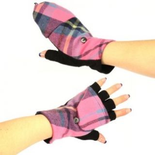 Winter Wool Plaid Flip Top Fingerless Snug Gloves Pink Clothing