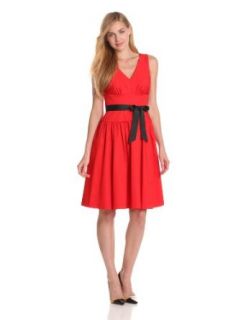 Calvin Klein Women's V Neck Belted Fit And Flare Dress, Poppy, 6 Clothing