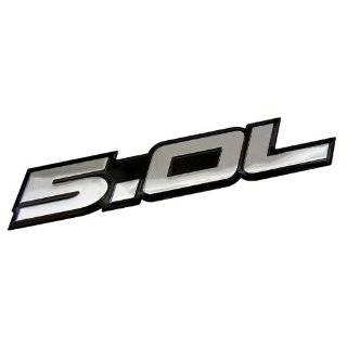 5.0L Emblem in SILVER on BLACK Highly Polished Aluminum Silver Chrome Engine Swap Badge for Ford Mustang GT F 150 Boss 302 Coyote Cobra GT500 V8 Crown Vic Victoria Automotive