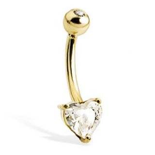 14K Real Yellow Gold Belly Button Ring With Heart Shaped Stone And Jeweled Top Ball Jewelry