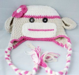 Handmade Crochet Baby sock monkey Hat in Beige and pink color 1 3 Year 