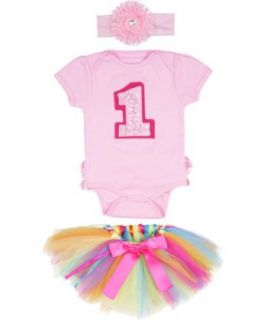 Baby Girls First Birthday Set   Pink Onesie, Rainbow Tutu, & Pink Daisy Headband RuffleButts Clothing
