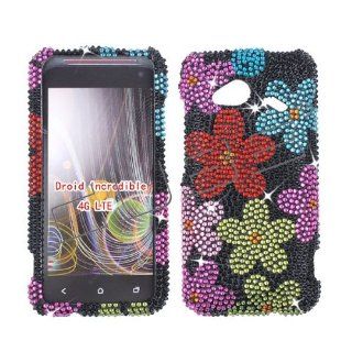 FULL DIAMOND CRYSTAL STONES COVER CASE FOR HTC DROID INCREDIBLE 4G LTE 6410 COLORFUL FLOWERS ON BLACK Cell Phones & Accessories