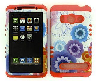 Cell Phone Skin Case Cover For Htc Evo 4g A9292 Colorful Flowers On White    Orange Rubber Skin + Hard Case Cell Phones & Accessories