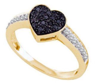 0.34 cttw 10k Yellow Gold Black Diamond Pave Heart Ring, Promise Engagement (Real Diamonds 1/3 cttw, Ring Sizes 4 10) Jewelry