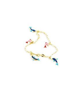 14k Yellow Gold Pink Blue Dolphin Charm Links Bracelet Jewelry