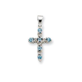 Jewelryweb 14k White Gold Blue Topaz and Diamond Cross Pendant