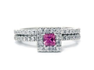 .65CT Princess Cut Pink Sapphire Diamond Engagement Wedding Ring Set White Gold