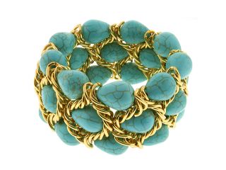 7" Triple Strands Turquoise Bead & Gold Color Mesh Loop Stretch Bangle Bracelet