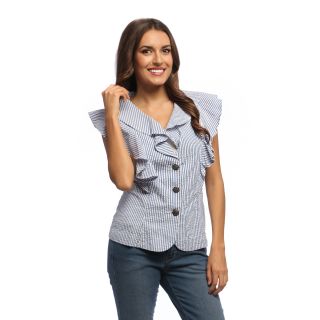 Womens Blue Striped Ruffle Vest Shirt
