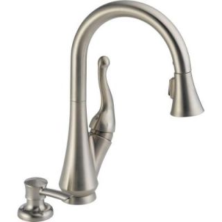 Delta Single Handle Pull Down Kitchen Faucet with Soap Dispenser in Stainless Featuring MagnaTite Docking 16968 SSSD DST