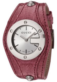 Gucci YA104506  Watches,Womens 104L Silver Dial Dark Pink Alligator, Casual Gucci Quartz Watches