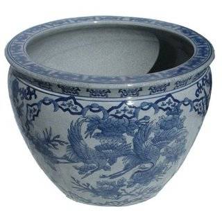 14 Chinese Porcelain Blue and White Fishbowl Planter. Hand Painted 