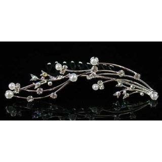 Crystal and Pearl Floral Design Silver Hair Comb for Wedding, Prom or 