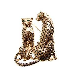   Crystal Rhinestone Golden Tone Twin Family Leopard Custom Pin Brooch