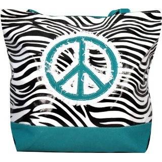 Large Turquoise Zebra Peace Sign Tote Bag Purse Handbag