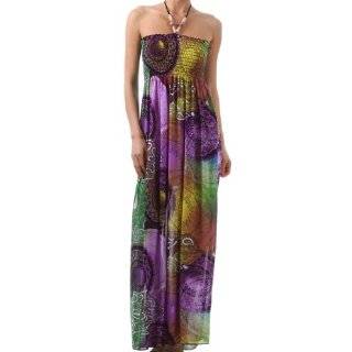 Multi Color Round Dials Print Beaded Halter Smocked Bodice Long / Maxi 