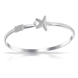   925 Sterling Silver Nautical Starfish Hook Closure Bangle Bracelet