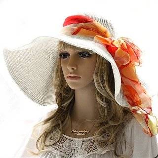   Womens White Floppy Paper Straw Sun Hat with Removable Orange Scarf