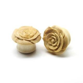 Urban Star Organic Hand Carved Wood White Rosebud Flower Ear Plug 